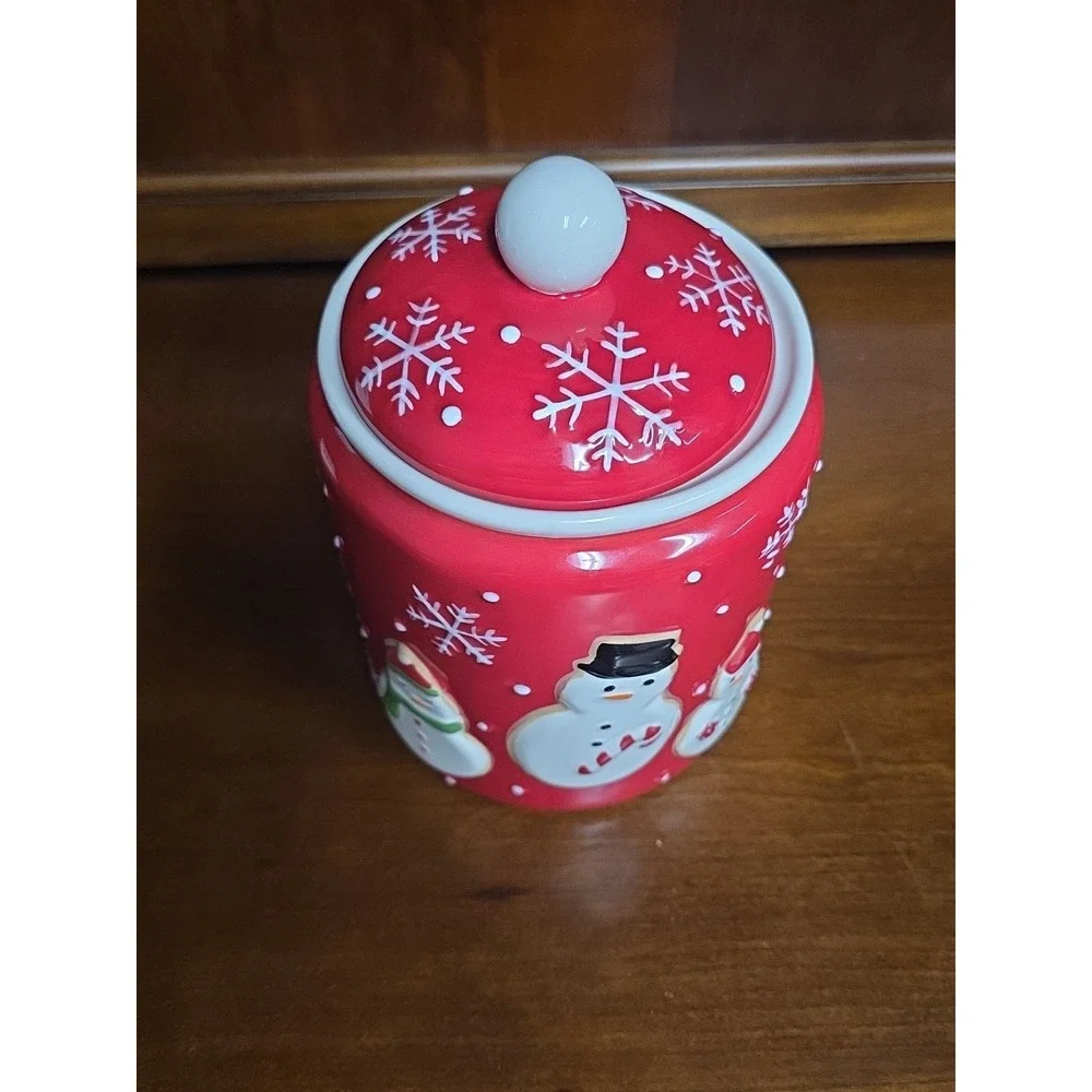 Red Christmas Cookie Jar‎ Hallmark Snowman Holiday Snowflake Candy Cane
